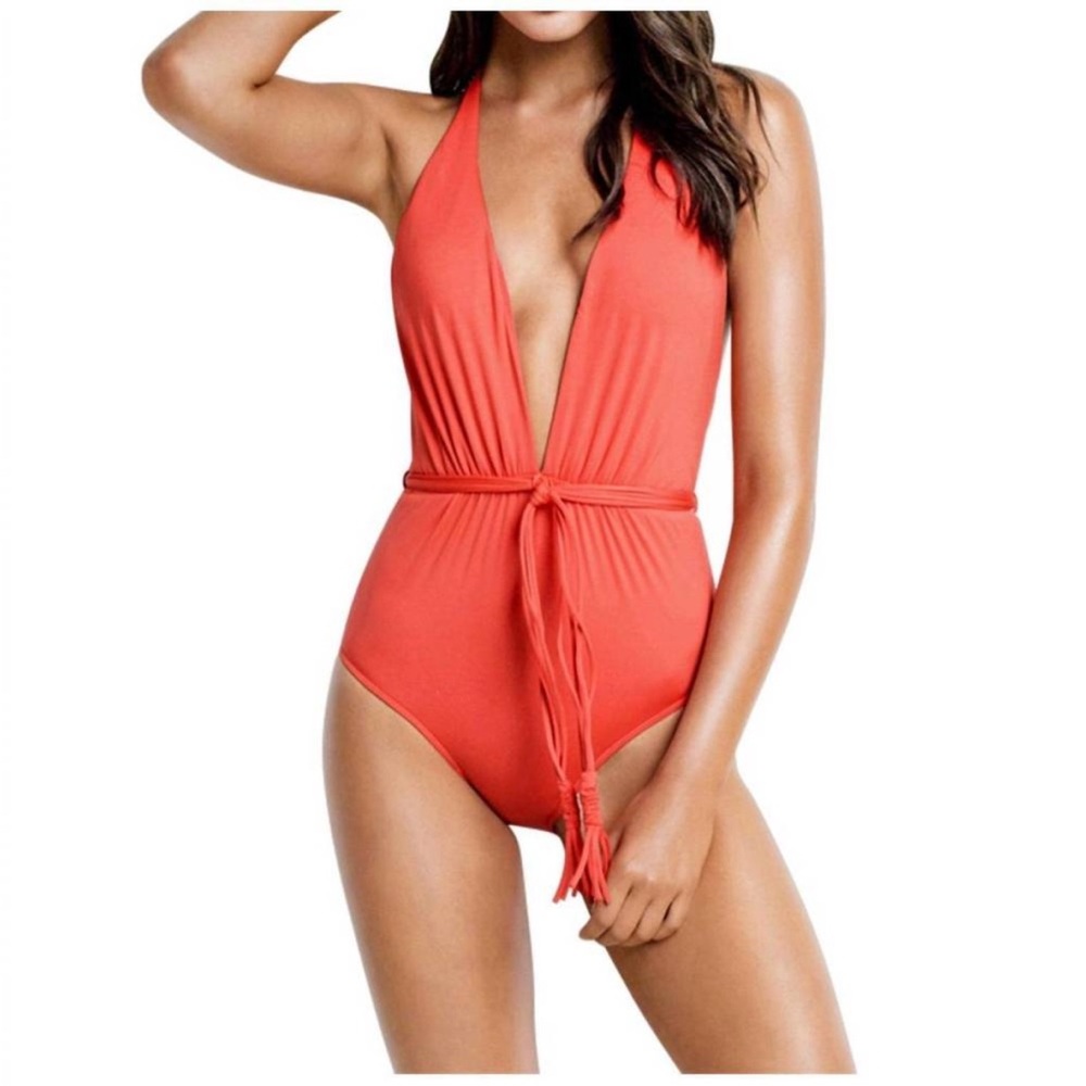 SEAFOLLY Australia Orange Deep V Halter Belted Swimsuit One Piece Size 14
